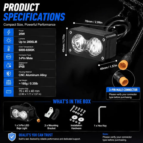 Ridstar Q20 Ready 20W LED Ebike Headlight With 3-Pin Dual Beam specifications and components