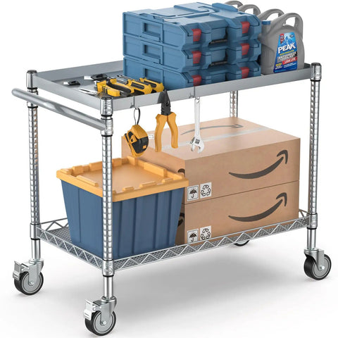 Heavy Duty 45 Inch Rolling Utility Cart With Hella Roomy Two Tier NSF Certified Steel Storage Shelf For Warehouse And Home Garage Rock Solid Workhorse Tool Trolley On Swivel Casters