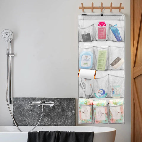 Mesh Shower Organizer Hanging Caddy With Rotating Hanger for quick dry bathroom storage, 12-pocket nylon mesh with toiletries