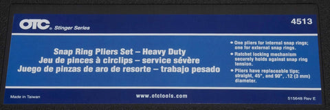 Heavy Duty 2 Piece Internal And External Snap Ring Pliers Set label, detailing features and specifications.