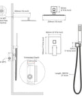 Technical diagram of 10 Inch Overhead Rain Shower System With Handheld Brushed Nickel Shower Faucet Set showing dimensions.