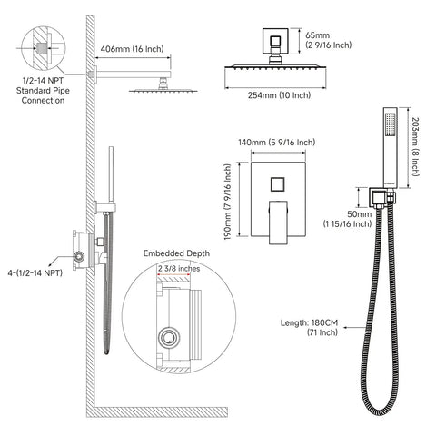 Technical diagram of 10 Inch Overhead Rain Shower System With Handheld Brushed Nickel Shower Faucet Set showing dimensions.