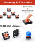 Close-up of 80 Piece Tactile Push Button Switch Kit With 4 Pin Momentary SMD PCB Tact Switches And 5 Color Button Caps for electronics PCB prototyping
