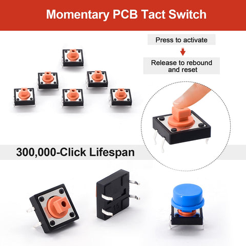 Close-up of 80 Piece Tactile Push Button Switch Kit With 4 Pin Momentary SMD PCB Tact Switches And 5 Color Button Caps for electronics PCB prototyping