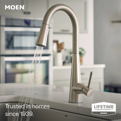 Slick Spot Resist Stainless One Handle Single Hole Pull Down Kitchen Faucet Featuring Power Boost Technology And Wrench Free Quick Connect For Supercharged Water Flow And Zero Hassle Setup close-up with water flowing