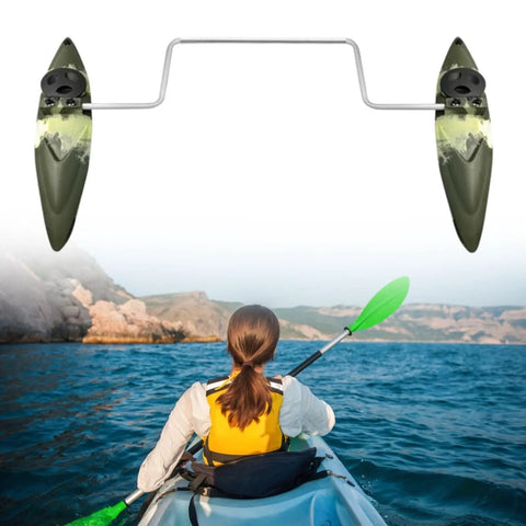 Outrigger Kayak Stabilizers With Side Arm Rods For Fishing Boats And Canoes, Adjustable 78cm Center Tube And 92cm Arm Lengths shown in use