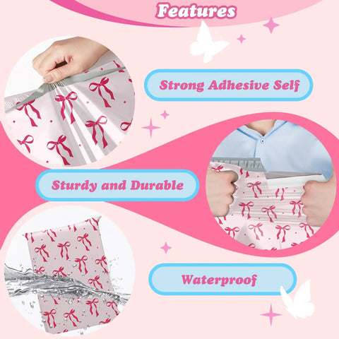 10x13 Inch Poly Mailers 50 Pack Self Seal Shipping Bags For Clothes And Small Biz, Heavy Duty Adhesive, Pink Bow Design features