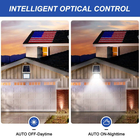 Comparison of Ultra Bright 300W Solar Flood Light With 35000 Lumens Dusk To Dawn 6500K IP68 Waterproof in day and night modes.