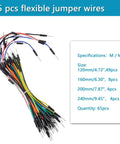 Colorful set of 65 flexible jumper wires from Plug And Play Breadboard Kit With Power Supply Module, 4 sizes displayed.