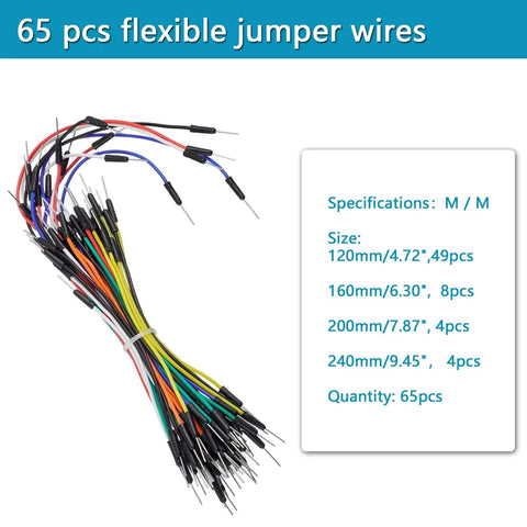 Colorful set of 65 flexible jumper wires from Plug And Play Breadboard Kit With Power Supply Module, 4 sizes displayed.