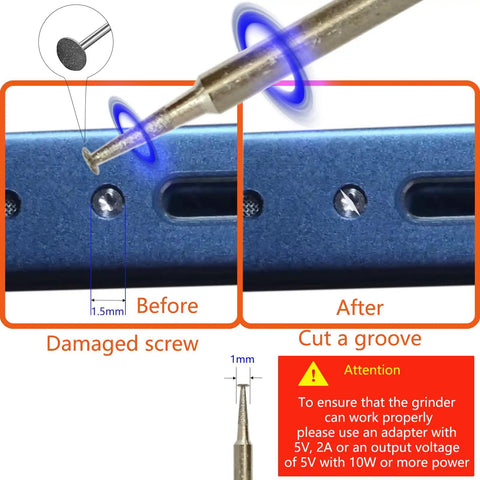 Damaged Screw Removal Kit For Phones And Laptops, Broken Screw Extractor For iPhone And Tablets, Electric Screw Cutter For Tiny Screws, 4 Size Heads, USB 5V Power, Portable Phone Repair Tool