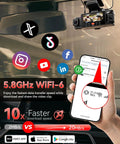 5.8GHz WiFi-6 feature of 360 Degree Four Channel Dash Cam with FHD Front, Rear, and Inside Coverage displayed on mobile app.