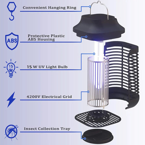 Diagram of Outdoor And Indoor Bug Zapper With 3 Meter Cord And On Off Switch, 4200V Electric Mosquito Zapper showing its components.