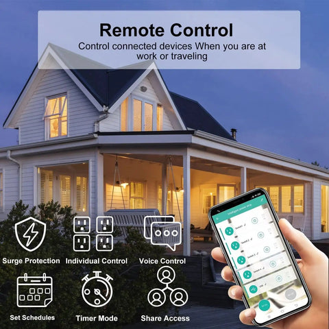 Total Game Changer Smart ZigBee Power Strip With Four Independently Switched Outlets And Custom Timer in use outside a home.