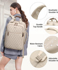 Rolling laptop backpack for women in apricot quilted fabric, fits 17-inch laptop, with wheels