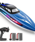Blue fast 15 MPH RC boat for pools and lakes with 3 speed modes, dope LED light show, dual batteries, and remote control