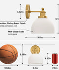 BELVM Vintage Milk Glass Wall Sconce Set of 2 - Gold Bathroom Wall Lights with measurements and design features shown.