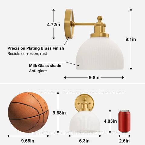 BELVM Vintage Milk Glass Wall Sconce Set of 2 - Gold Bathroom Wall Lights with measurements and design features shown.
