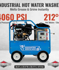Industrial hot water washer with Briggs & Stratton engine, 4060 PSI, blue frame, large tires, for heavy-duty cleaning.