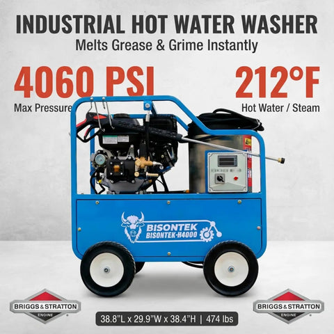Industrial hot water washer with Briggs & Stratton engine, 4060 PSI, blue frame, large tires, for heavy-duty cleaning.