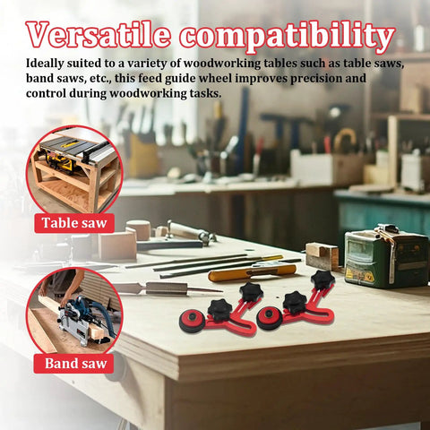 Workshop with Pro Grade Table Saw Press Feeder With Dual Side Pressure for woodworking precision and versatility.