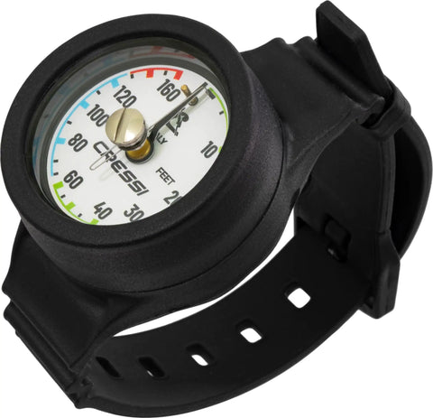 Analog Wrist Depth Gauge For Scuba Diving And Freediving Imperial Units White Dial 55mm Stainless Steel Case Parabolic Scale
