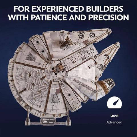 Millennium Falcon 3D Wooden Puzzle Kit With Lit LED Hyperdrive Glow DIY Mechanical Model 3D Brain Teaser For Adults advanced top view