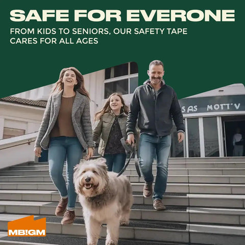 Family walking a dog down outdoor stairs with 12 Pack 6 By 30 Inch Pre Cut Stair Treads With Heavy Duty Adhesive Non Slip Rubber Traction Strips.