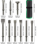 Nine Piece Air Hammer Chisel Set With 0.401 Inch Shank And Canvas Pouch showing chisel sizes and pouch