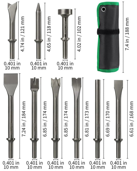 Nine Piece Air Hammer Chisel Set With 0.401 Inch Shank And Canvas Pouch showing chisel sizes and pouch