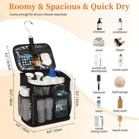 Portable Mesh Shower Caddy For Bathroom Gym Travel Camping Quick Dry Hanging Organizer Tote open with toiletries visible