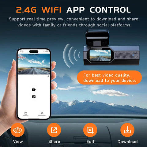 2.5K Front Dash Cam With 1.47 Inch Display, WiFi App Control shown with mobile interface for video sharing