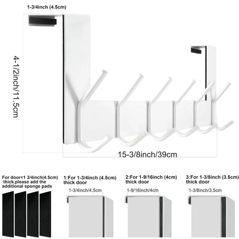 Over The Door Hooks White 6 Pack Towel Rack And Coat Hanger For Back Of Door Organization Fits Doors From One And Three Eighths To One And Three Quarters Inches Thick With Soft Sponge Padding To Prevent Scratches, shown with size chart and padding options.