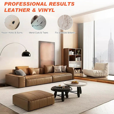 Heavy Duty Leather Filler And Repair Paste 4.5 Oz Quick Fix Compound shown in a modern living room setting with a brown sofa.