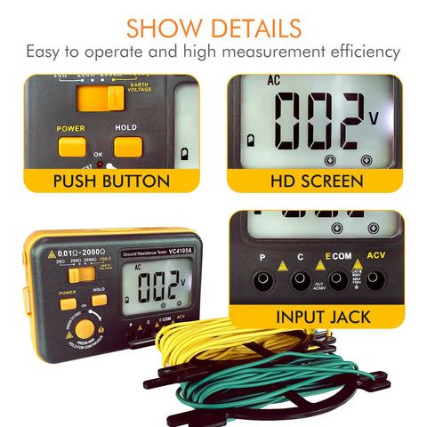 Product features of Earth Resistance Tester with 3 Resistance Ranges 20 Ohms, 200 Ohms, And 2000 Ohms, Digital Grounding Meter Up to 750 Volts AC
