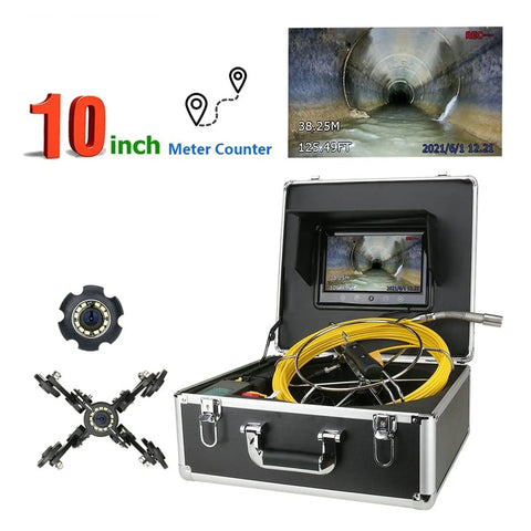 Rock Solid Heavy Duty Industrial Sewer Pipe Inspection Camera With Bright 10 Inch Screen And Rolling Cable Counter Pro Grade IP68 Waterproof Borescope For Serious Trade Projects in aluminum case with cable.