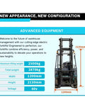 Top Rated Portable Electric Forklift Pallet Stacker With 4-Way Counterbalance Lift Truck showing specifications 2500kg lift, 2870kg weight.