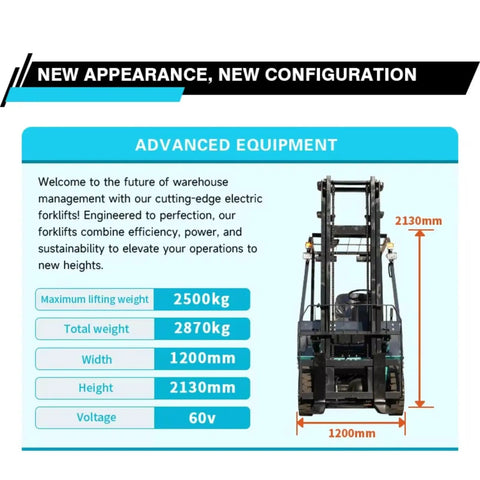 Top Rated Portable Electric Forklift Pallet Stacker With 4-Way Counterbalance Lift Truck showing specifications 2500kg lift, 2870kg weight.