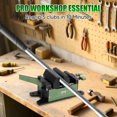 One-Second Quick-Release Golf Club Regripping Pro Kit Aluminum Vise Clamp for Shaft Replacement on workshop bench