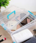 Two Tier Stack Carry Storage Box With Handle, Transparent Clear Bin With Latching Lid, Detachable Buckles, Lockable Organization Case For School And Office Supplies, Space Saving, Durable Blue