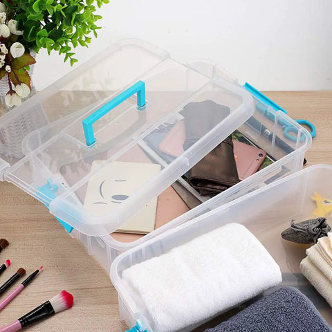 Two Tier Stack Carry Storage Box With Handle, Transparent Clear Bin With Latching Lid, Detachable Buckles, Lockable Organization Case For School And Office Supplies, Space Saving, Durable Blue