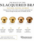Handmade Solid Brass Cabinet Knobs Round Unlacquered Drawer Pulls Developing Rich Antique Patina Over Time showing aging process stages.