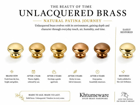 Handmade Solid Brass Cabinet Knobs Round Unlacquered Drawer Pulls Developing Rich Antique Patina Over Time showing aging process stages.