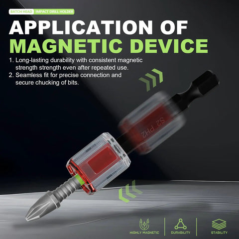 Impact Screwdriver Bit Set With Magnetic Bits 52 Piece Kit Includes Magnetizer Extension Rod And Wrench For Every Reach Four In One Length System 1 Inch 2 Inch 3 Inch 6 Inch For Electronics General Use And Deep Frames, showing magnetic device and drill bit.