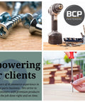 Close-up of screws, power drill with fasteners, and person using screwdriver, emphasizing BCP Fasteners' commitment to clients.