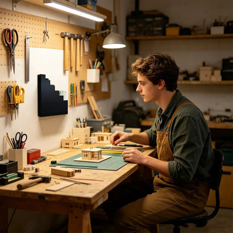 Man working at desk with Tool Storage Wall Rack with Pegboard Backboard Bins and Hooks for Garage Workshop and Shed