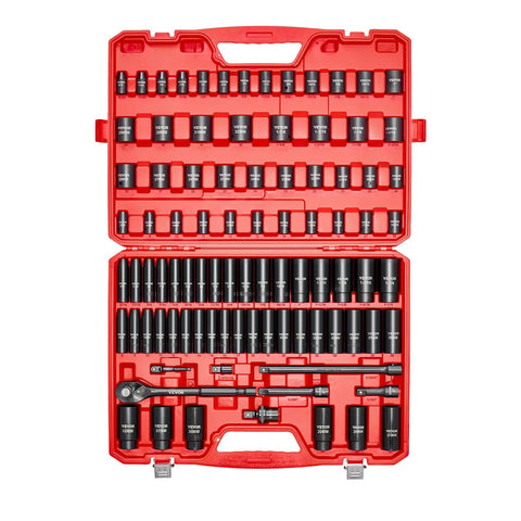 Heavy Duty 91-Piece Half Inch Drive Impact Socket Set With SAE And Metric Sizes, Deep And Shallow 6-Point Sockets, CR-V Alloy Steel, Ratchet Handle, Universal Joint, Adapters And 3, 5, 10 Inch Extension Bars in red case