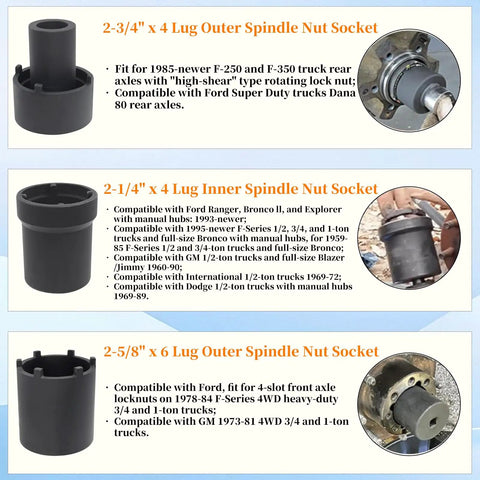 Spindle Nut Socket Tool Kit 6 Piece Set With Half Inch Drive Fits Ford Dana 44 And 80 Toyota Dodge GMC Chevrolet 4WD Lug Out
