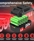 Heavy Duty 2 Pack 5000mAh 5.0Ah Replacement Battery Oem For Skil 20V Power Tools with safety features displayed.