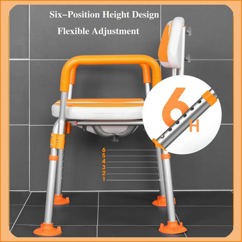 Heavy Duty Indoor Shower Chair With Non Slip U Shaped Seat, adjustable height showcasing six-position design in bathroom setting